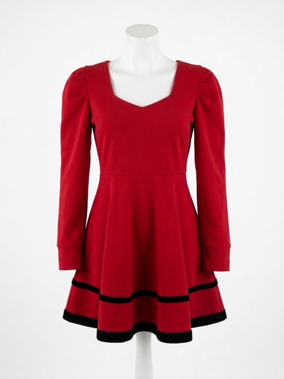 Vintage Red Wool Skater Dress Velvet Trim S/M